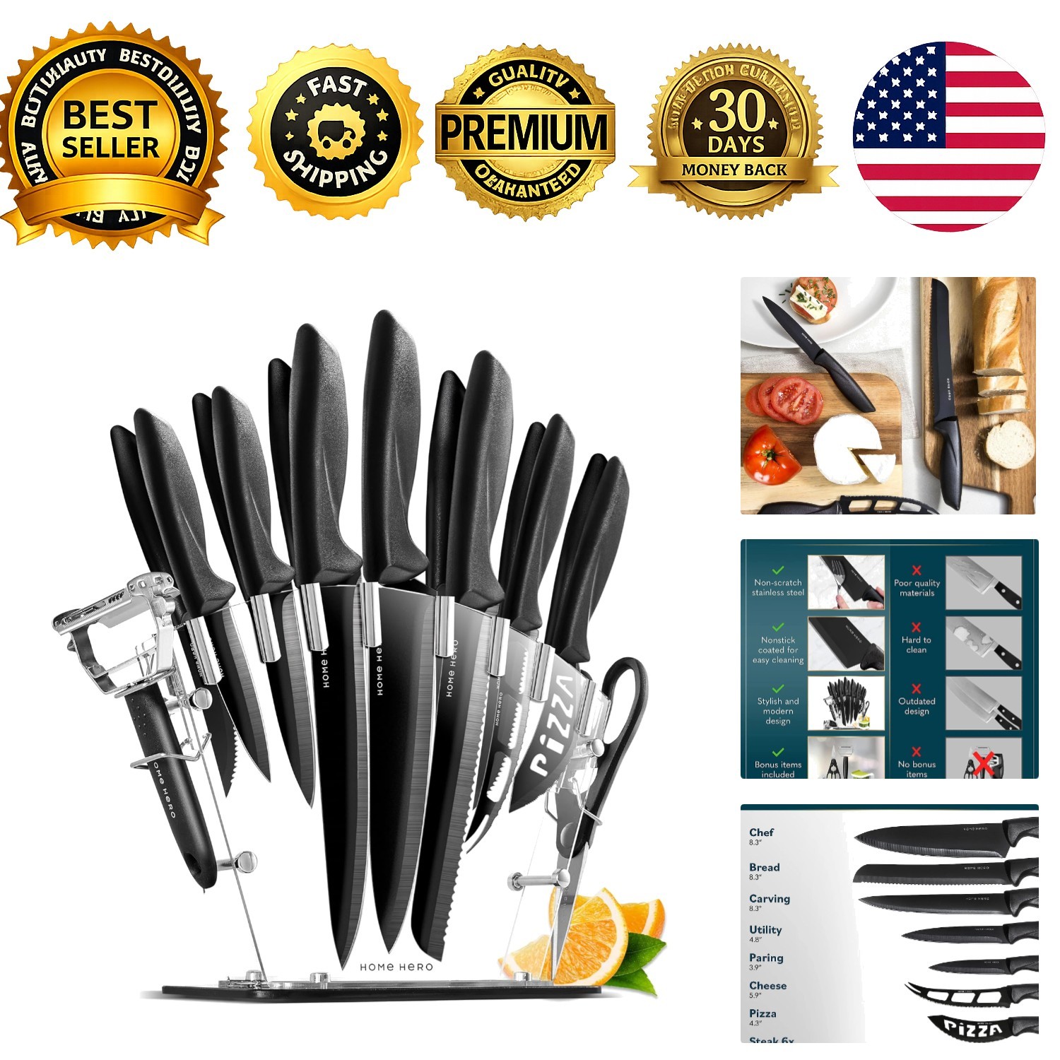 Kitchen Knife Set 16 Piece High Carbon Stainless Steel Blades Wooden Block