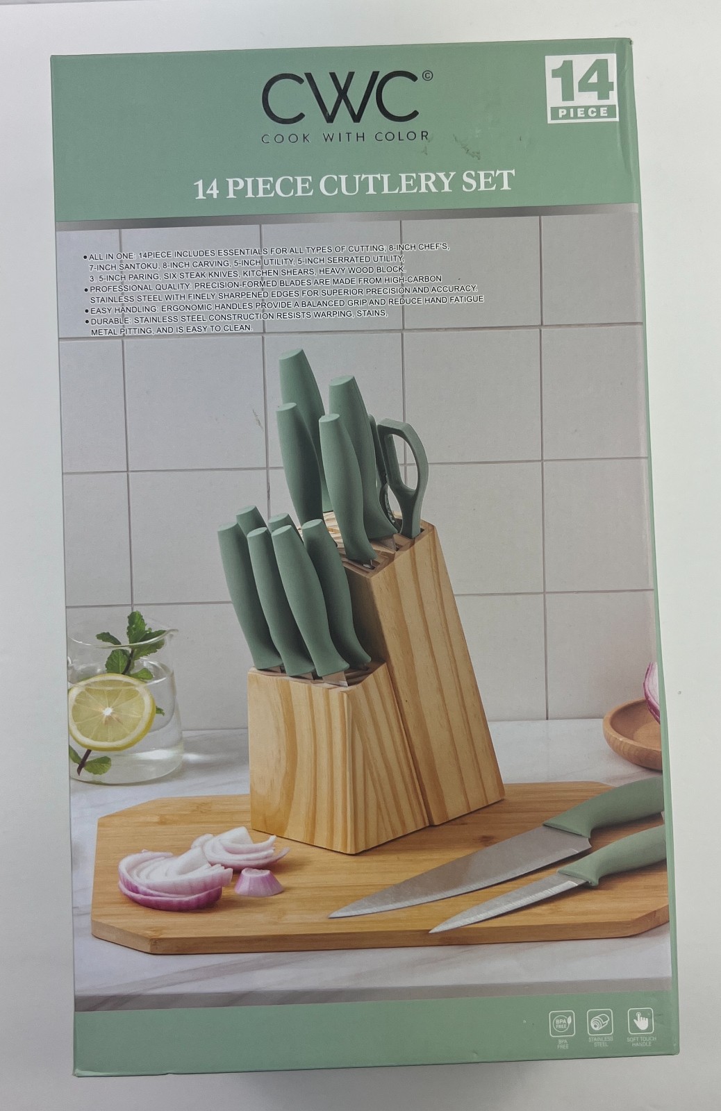 CWC 14 Piece Cutlery Set – Wood Block Knife Set – Teal Color – Free Ship SH