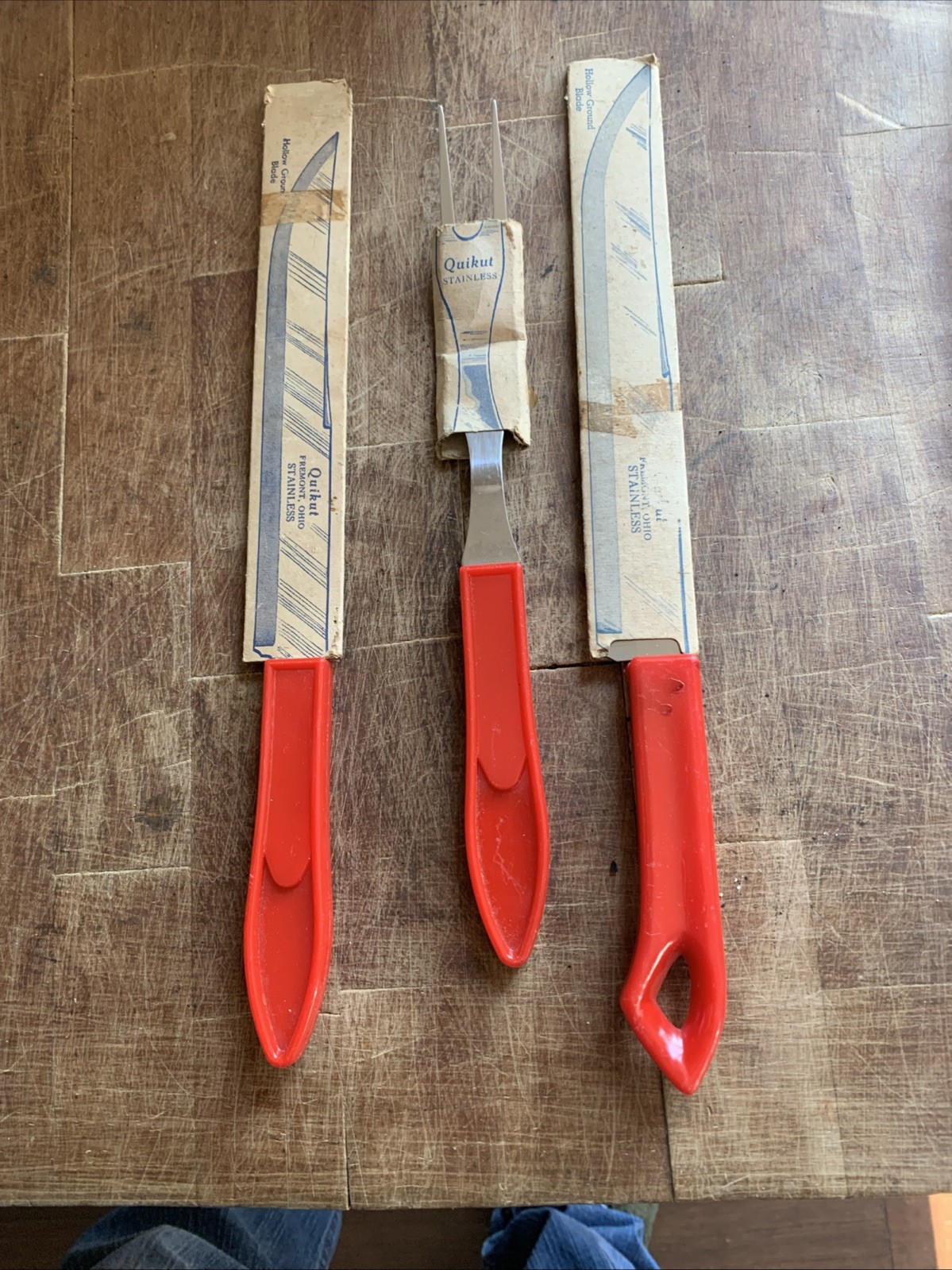 3 Quikut Hollow Ground Stainless Steel Carving Knife Fork Red Bakelite Handles