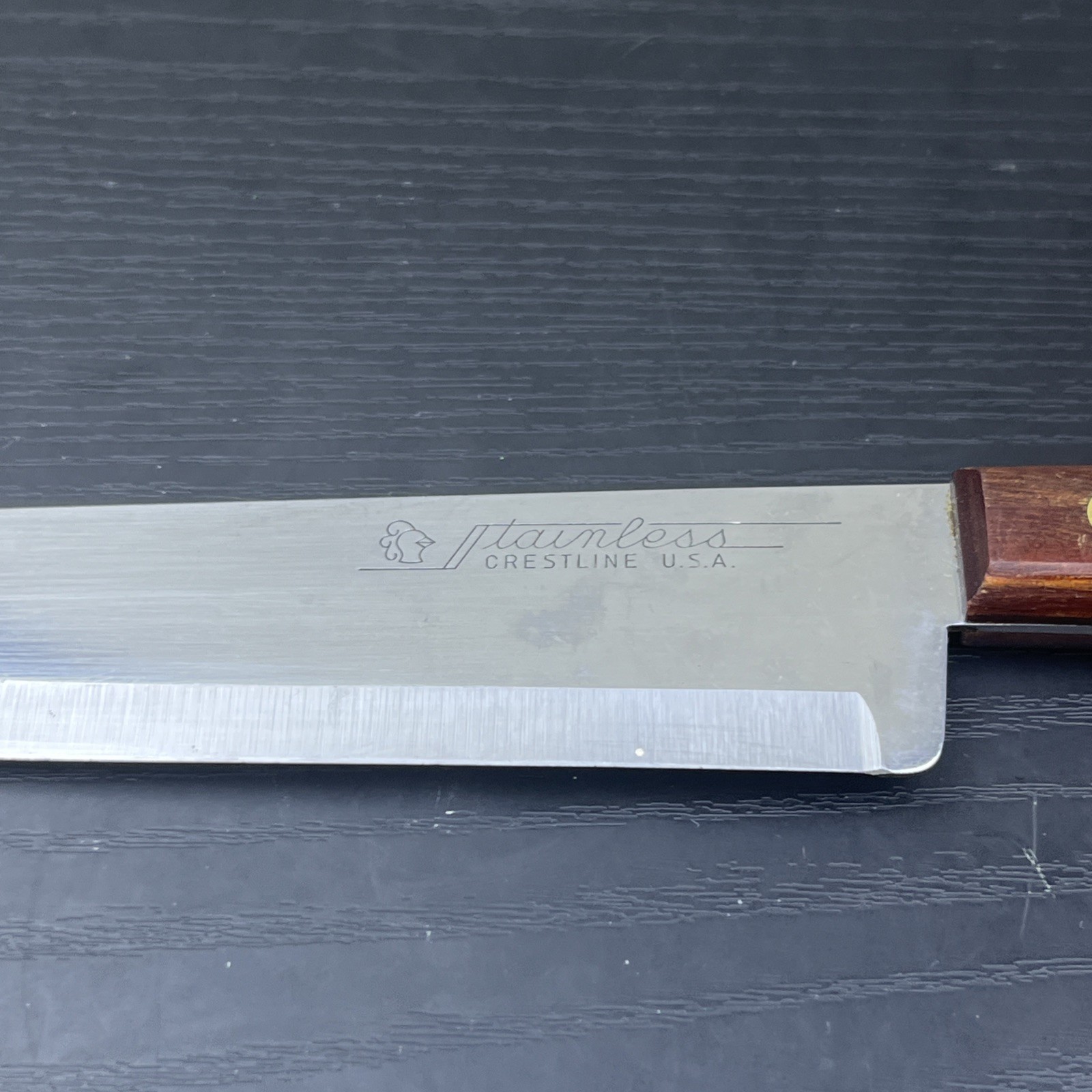 Vintage Stainless Crestline USA Carving Slicing Knife Brown Handle Kitchen Cutle