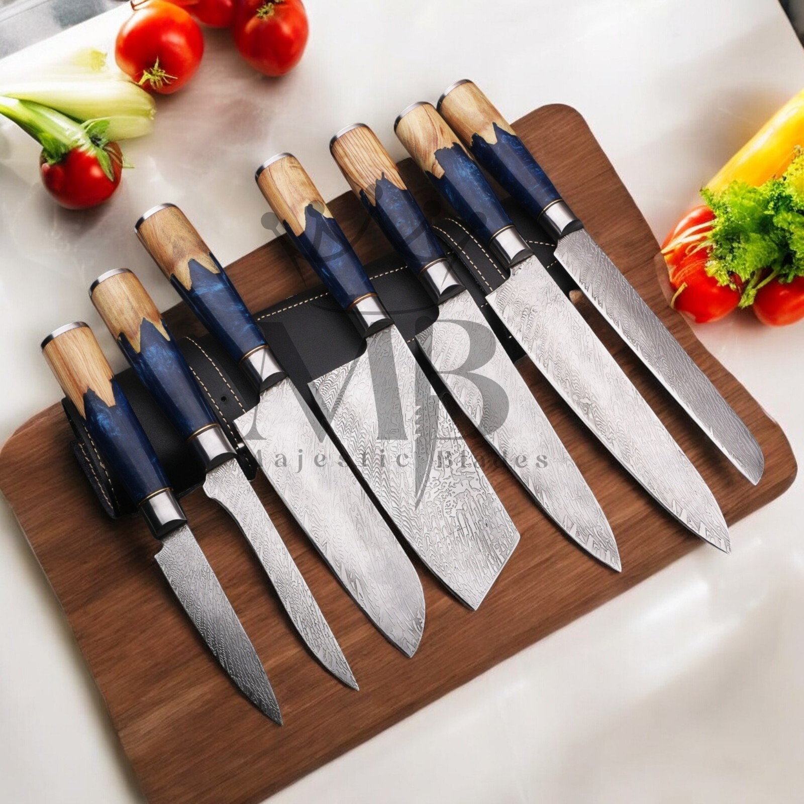 STUNNING 7PCS DAMASCUS STEEL KNIFE SET WITH BLUE RESIN BURL WOOD HANDLE