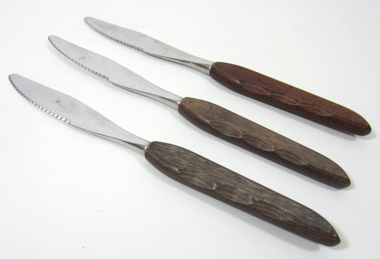 Fleetwood Designs VTG 60s Steak Knife Set of 3 Stainless MCM Style Atomic Teak