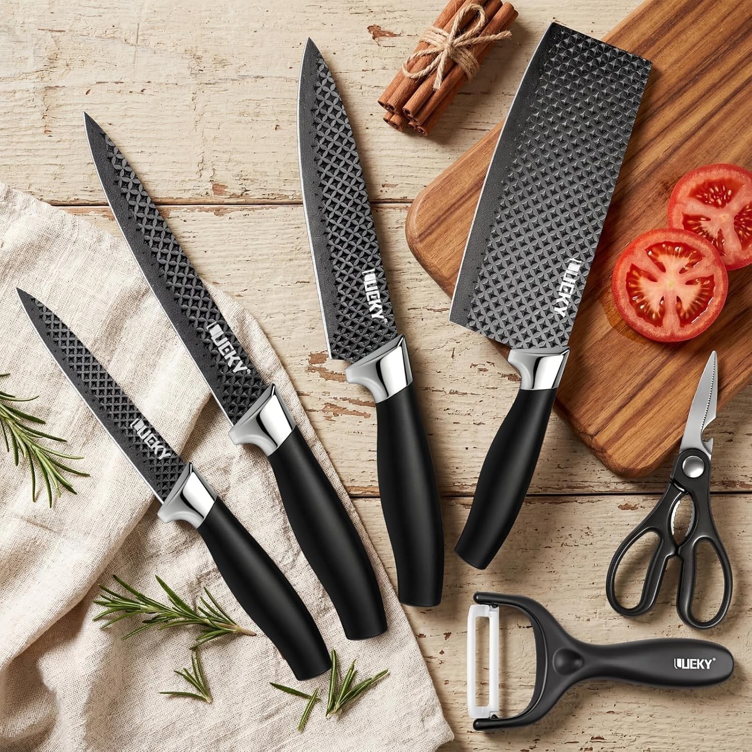 6PCS Kitchen Knife Set Stainless Steel Chef Knives Scissors Peeler Gift Box Blac