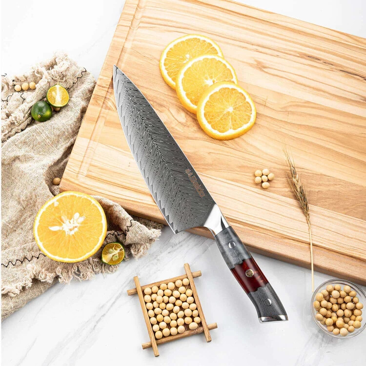 Seido Knives 8″ Inferuno Gyuto AUS10 Damascus Chef Knife Maple Wood Handle
