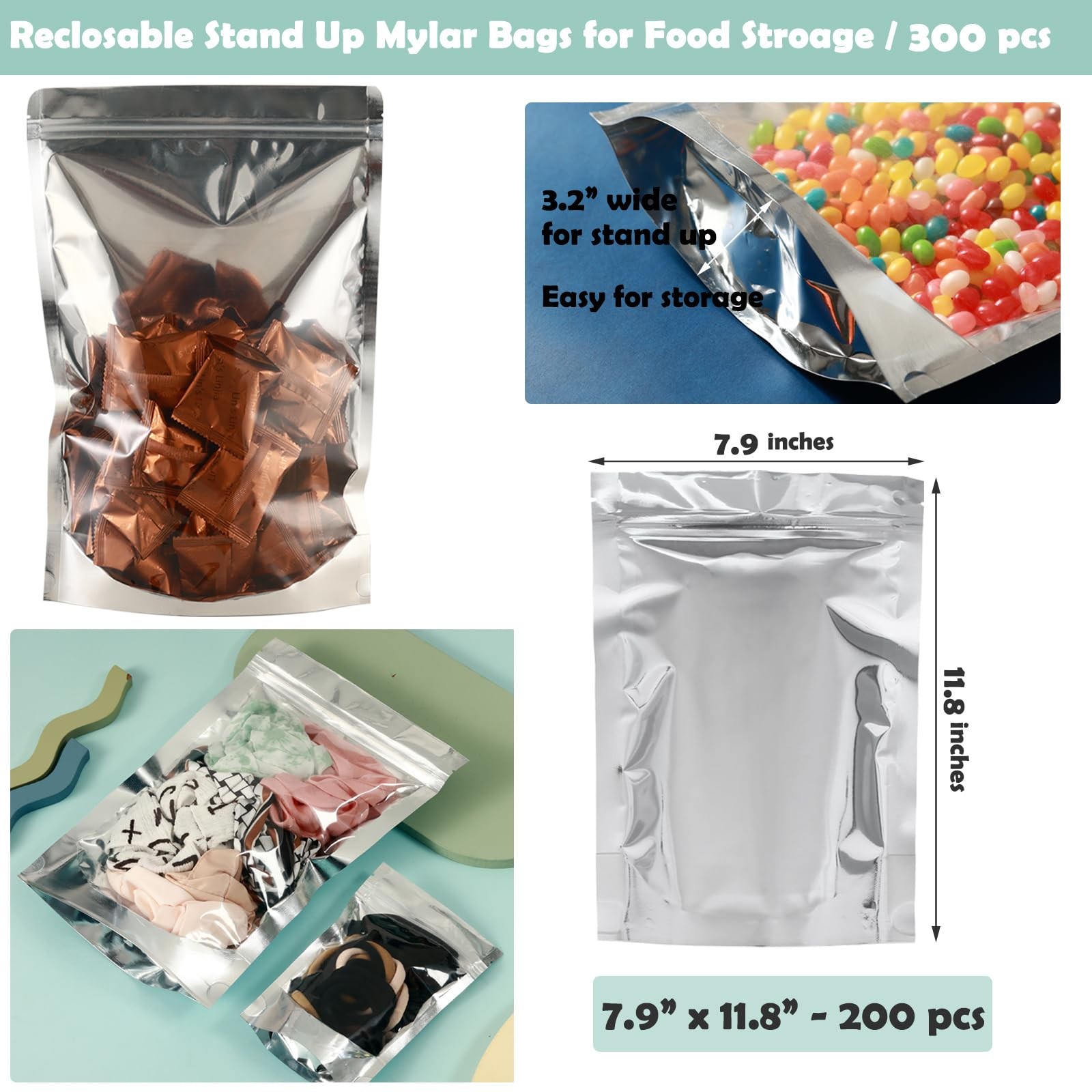 300PCS Large 7.9″x11.8″ Reclosable Mylar Bags for Food Storage Stand Up Pouch