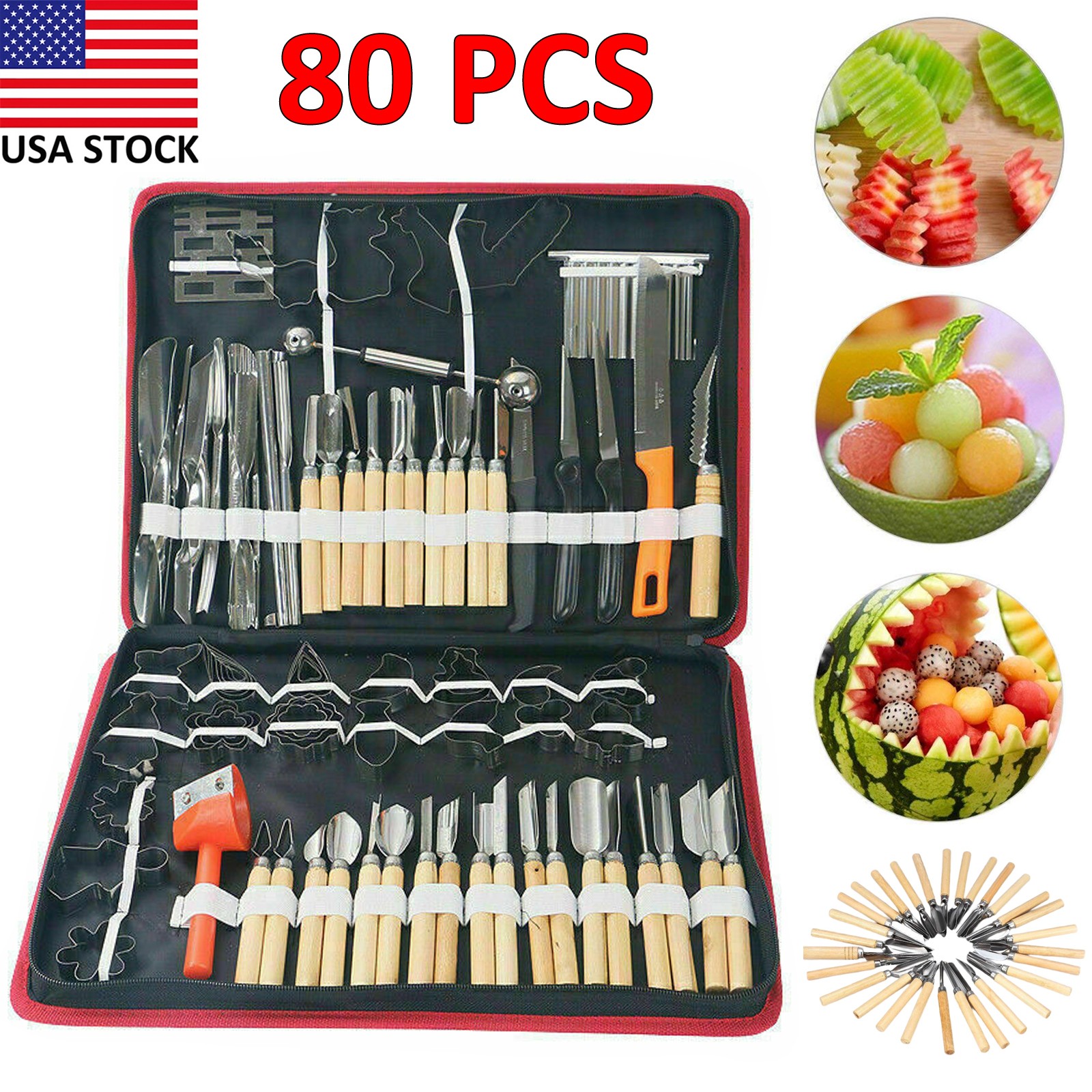 80PCS Vegetable Fruit Carving Tools Set Professional Chef Carving Knife Kit US