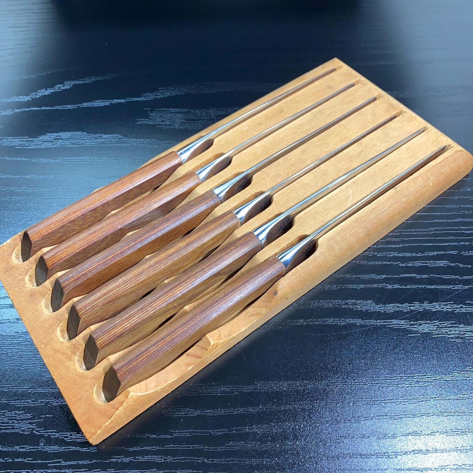 Vintage Steak Knives Set Of 7 Teak Wood Handles Stainless With Tray Brown MCM