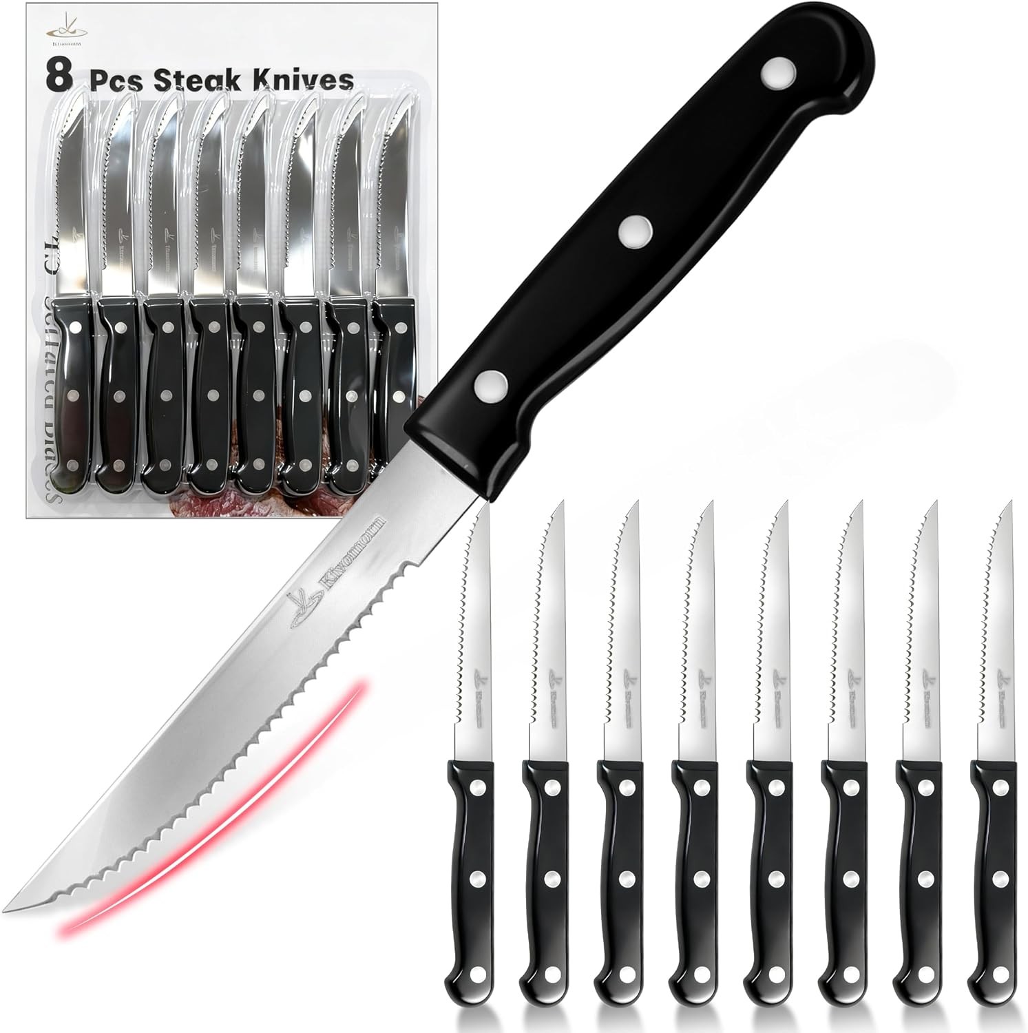 Upgraded Steak Knives Set of 8, Uncoated Stainless Steel Serrated Steak Knife
