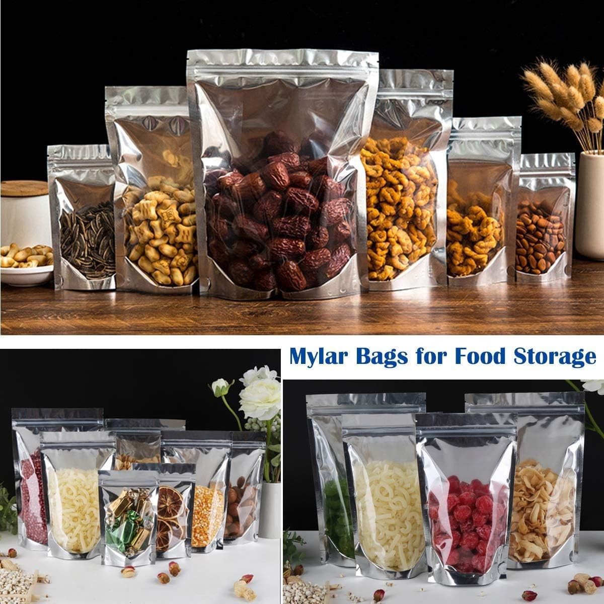300PCS Large 7.9″x11.8″ Reclosable Mylar Bags for Food Storage Stand Up Pouch