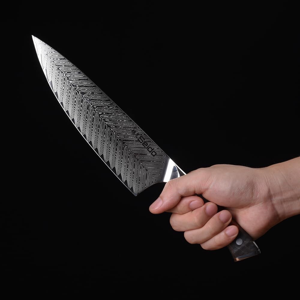 Seido Knives 8″ Inferuno Gyuto AUS10 Damascus Chef Knife Maple Wood Handle