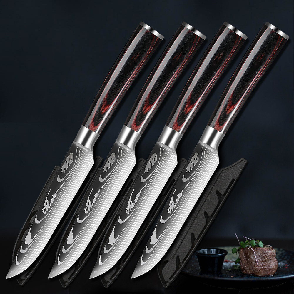 1-4PCS 5″ Steak Knives Set Razor Sharp 7Cr17 Steel Damascus Pattern Pakkawood