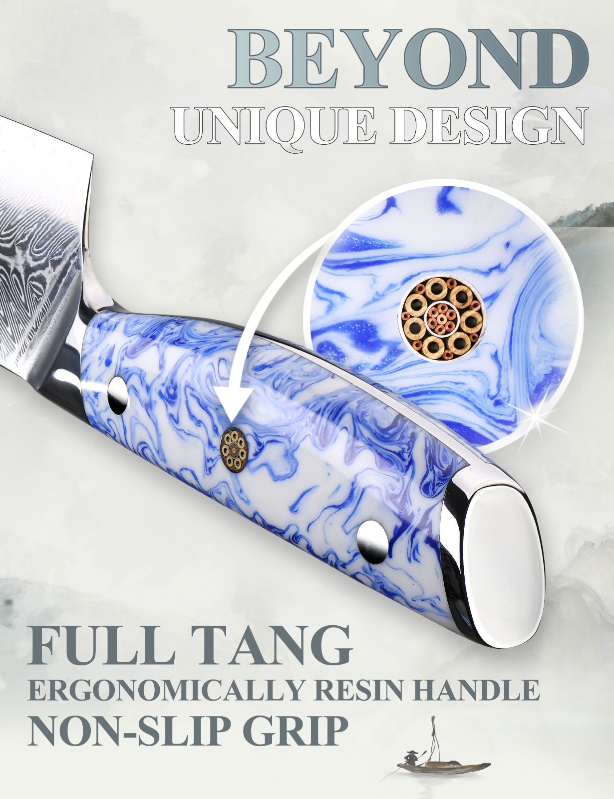 BIGSUNNY Damascus 5″ Utility Knife With Resin Blue and White Porcelain Handle