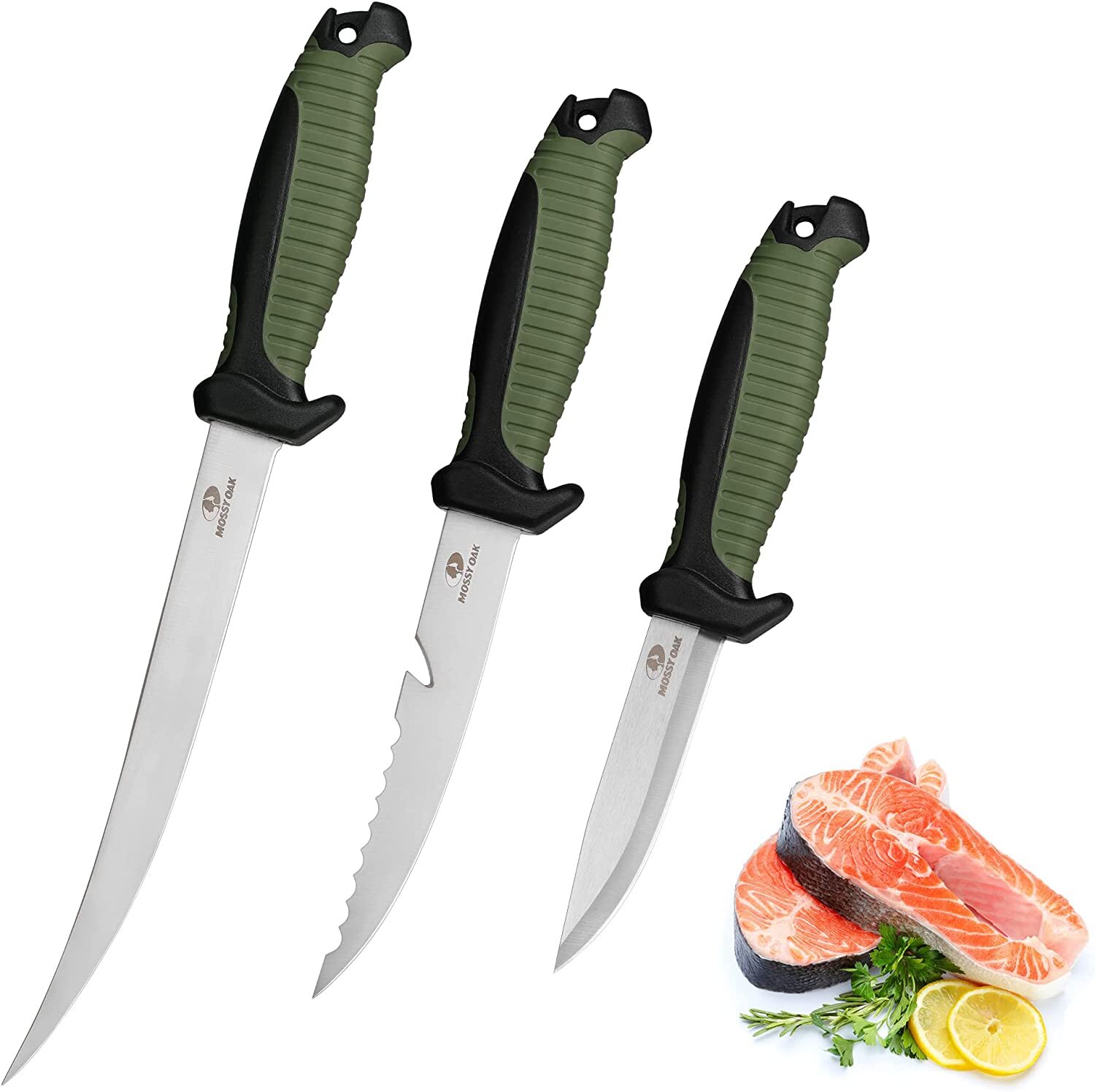 Mossy Oak 3PCS Stainless Steel Fishing Knife Set Filet Knife w/Protective Sheath