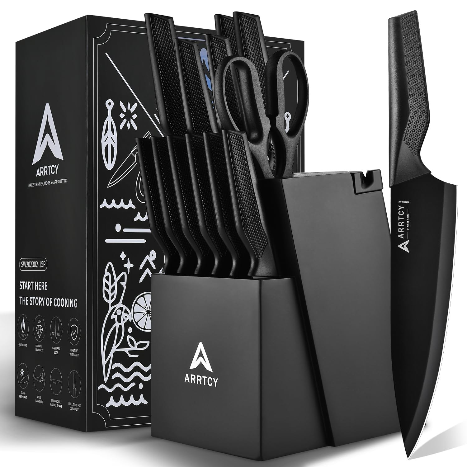 Knife Set with Block – Kitchen Knife Set German High-Carbon Steel – 15-Piece …