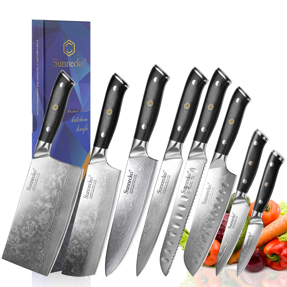 Sunnecko Damascus Chef’s Knives Set 8PCS Precision Kitchen Tools for Cutting