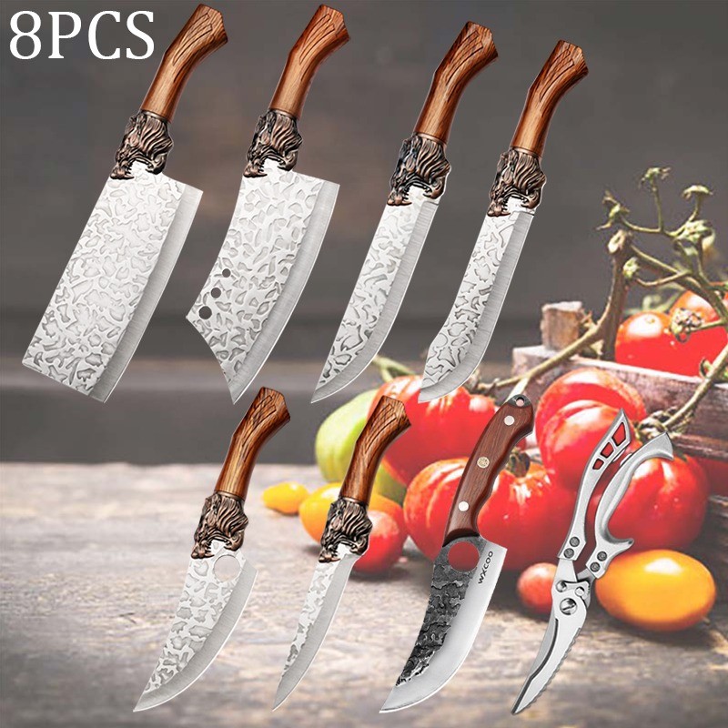 8PCS Professional Stainless Steel Chef Knife Set Kitchen Cooking Butcher Cleaver