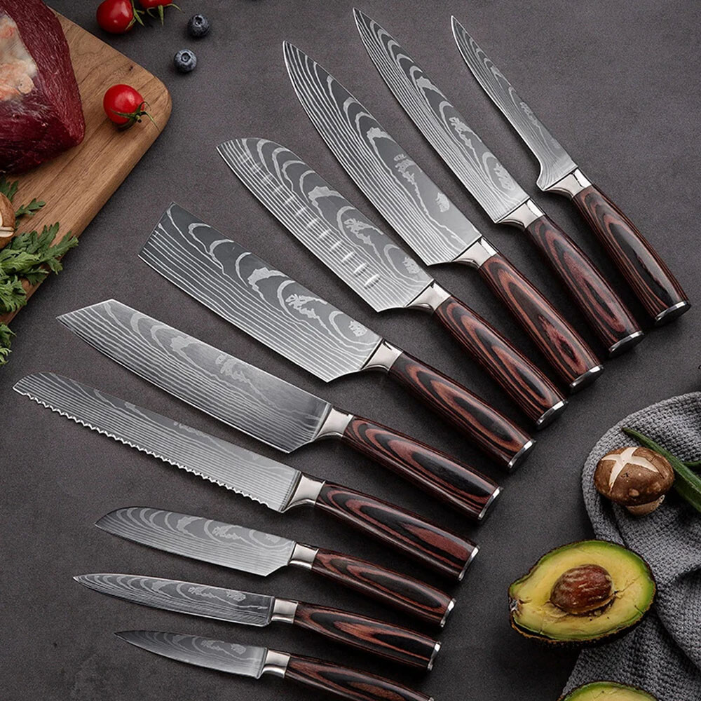 Japanese Kitchen Knives Set Damascus Pattern Chef Knife Stainless Steel Sharp US