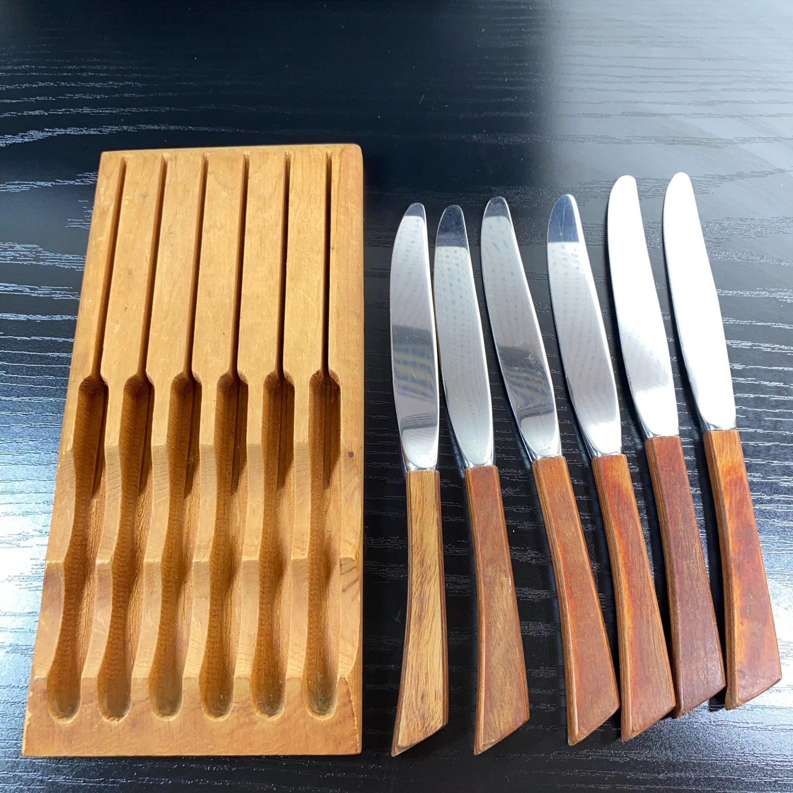 Vintage Steak Knives Set Of 7 Teak Wood Handles Stainless With Tray Brown MCM