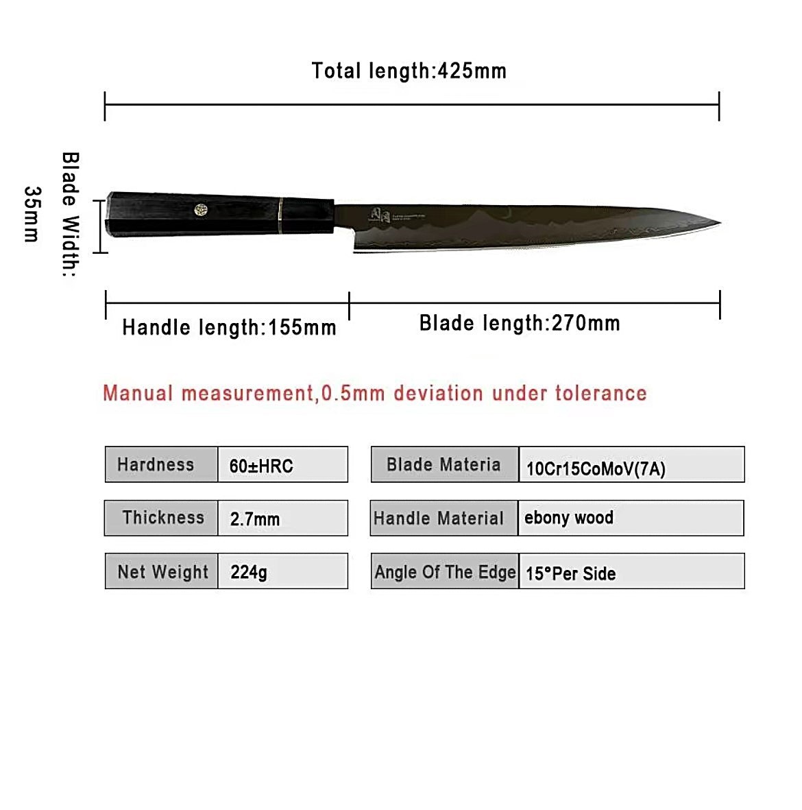 Tonggang 10.5″ Japanese Style Sashimi Ebony Wooden Handle Sushi Yanagiba Knive