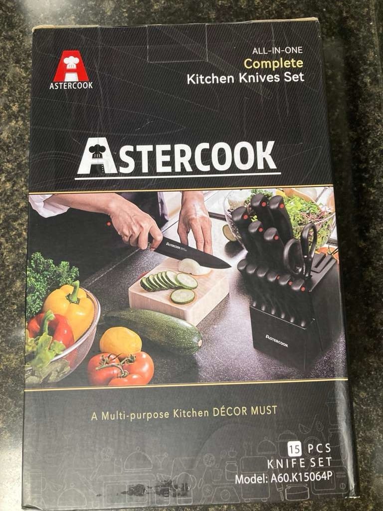 Astercook Knife Set, 15-Piece Kitchen Knife Set with Block, Built-in Knife Sharp