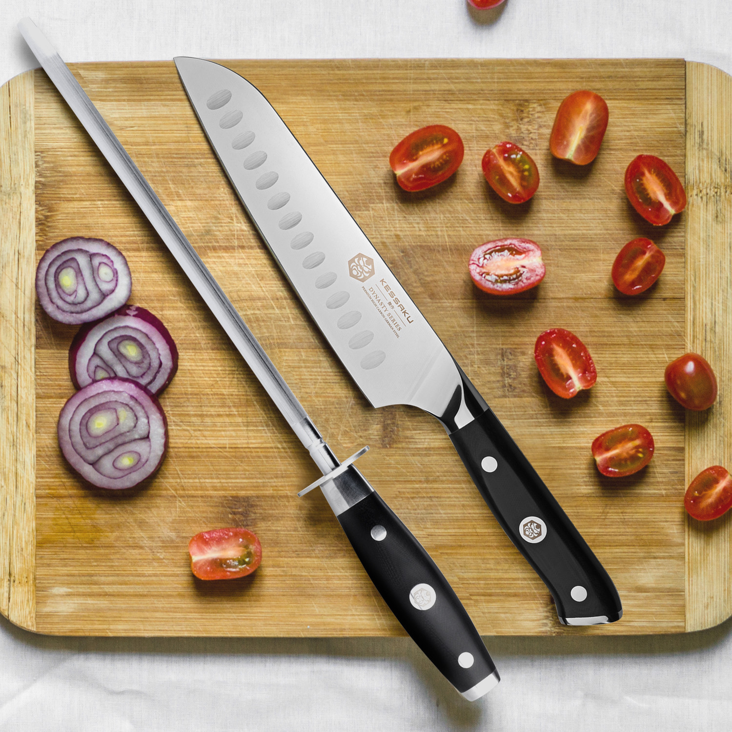 Kessaku 8″ Chef Knife + 10″ Sharpening Honing Rod – Dynasty Series German Steel