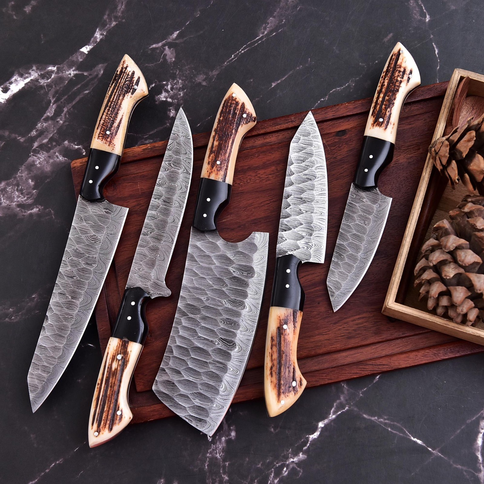 Master Chef Hand Forged Damascus Steel Chef Knifes Set Bull Horn Stag Handle
