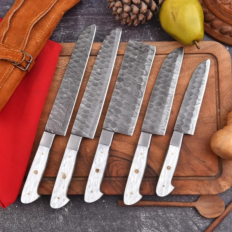 Handmade Damascus Chef Knife Set | 5-Piece Kitchen Knives with Leather Roll