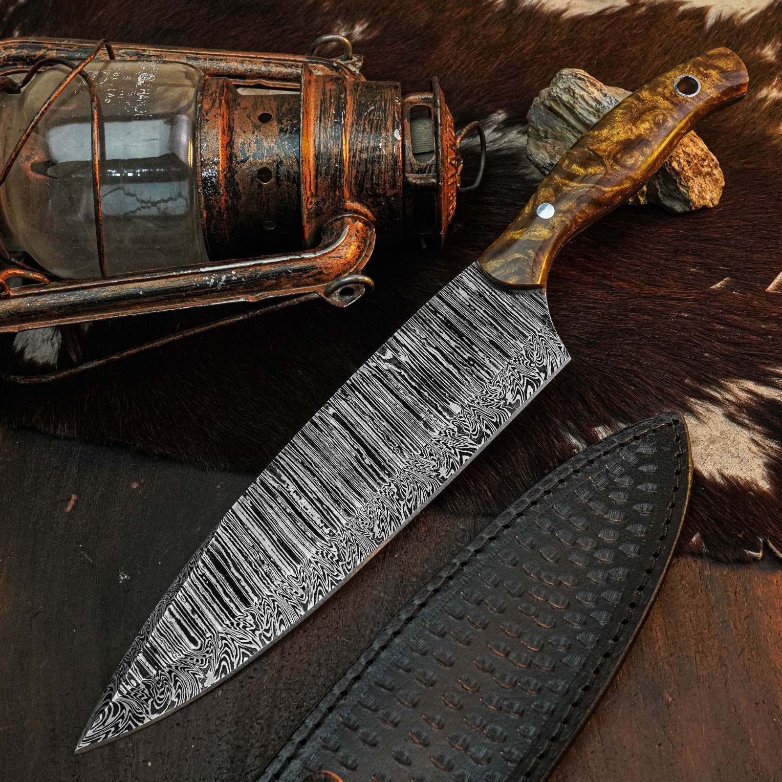 13.8″ Kitchen Japanese Chef Camping Damascus Knife Full Tang Blade + Sheath