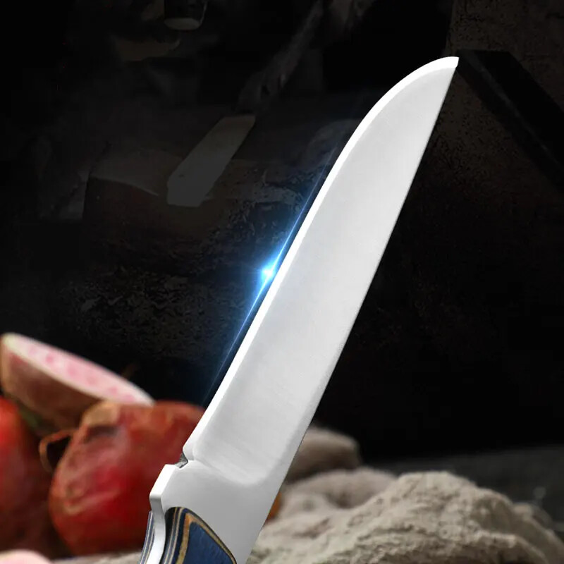 portable steel knife with sheath and wood handle for grilling and fruit cutting