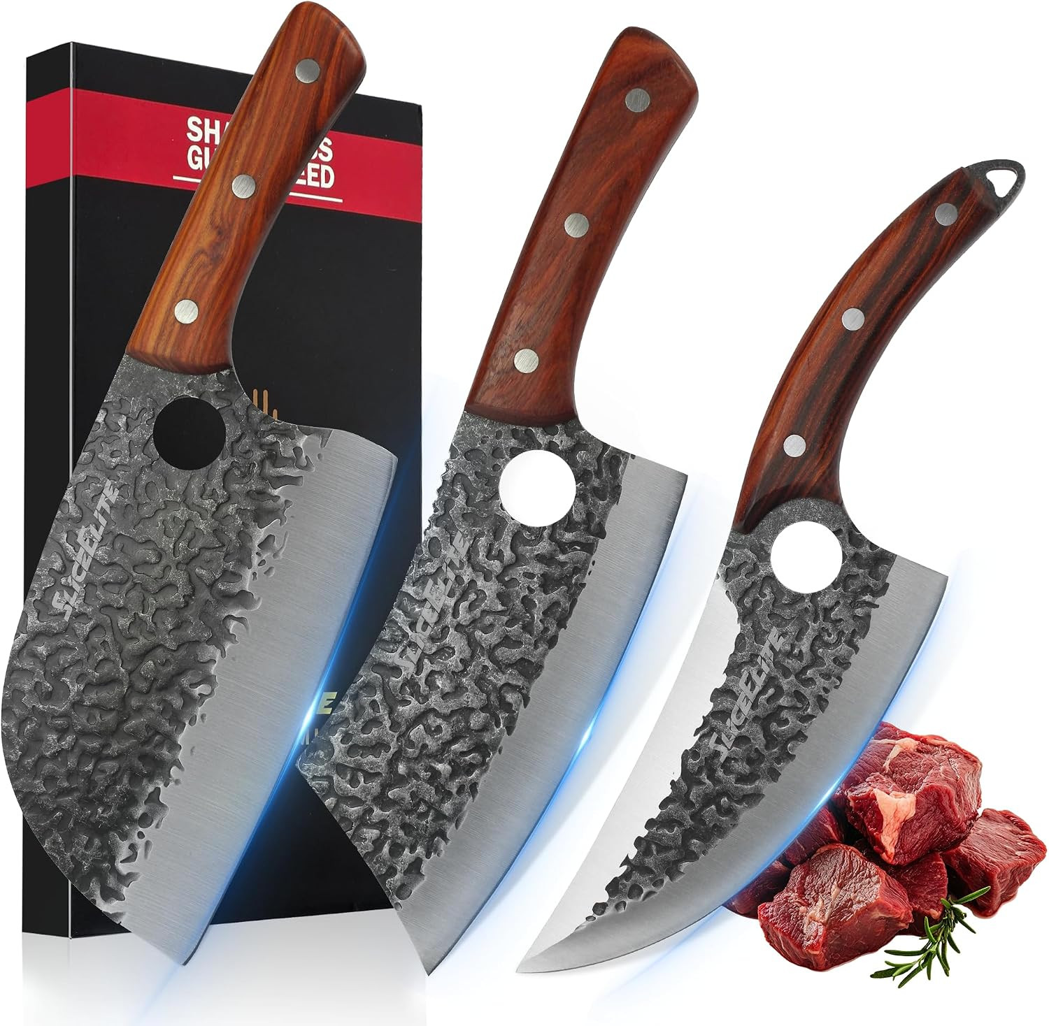 Sliceelite Hand-Forged Professional Butcher Knife (3 PC BUTCHER KNIFE SET W/SAND