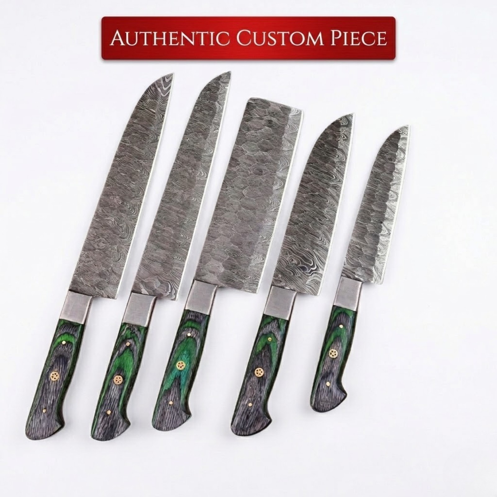 5Pc Full Tang Damascus Chef Cleaver Set 58HRC Exotic Green Wood Hand Forged