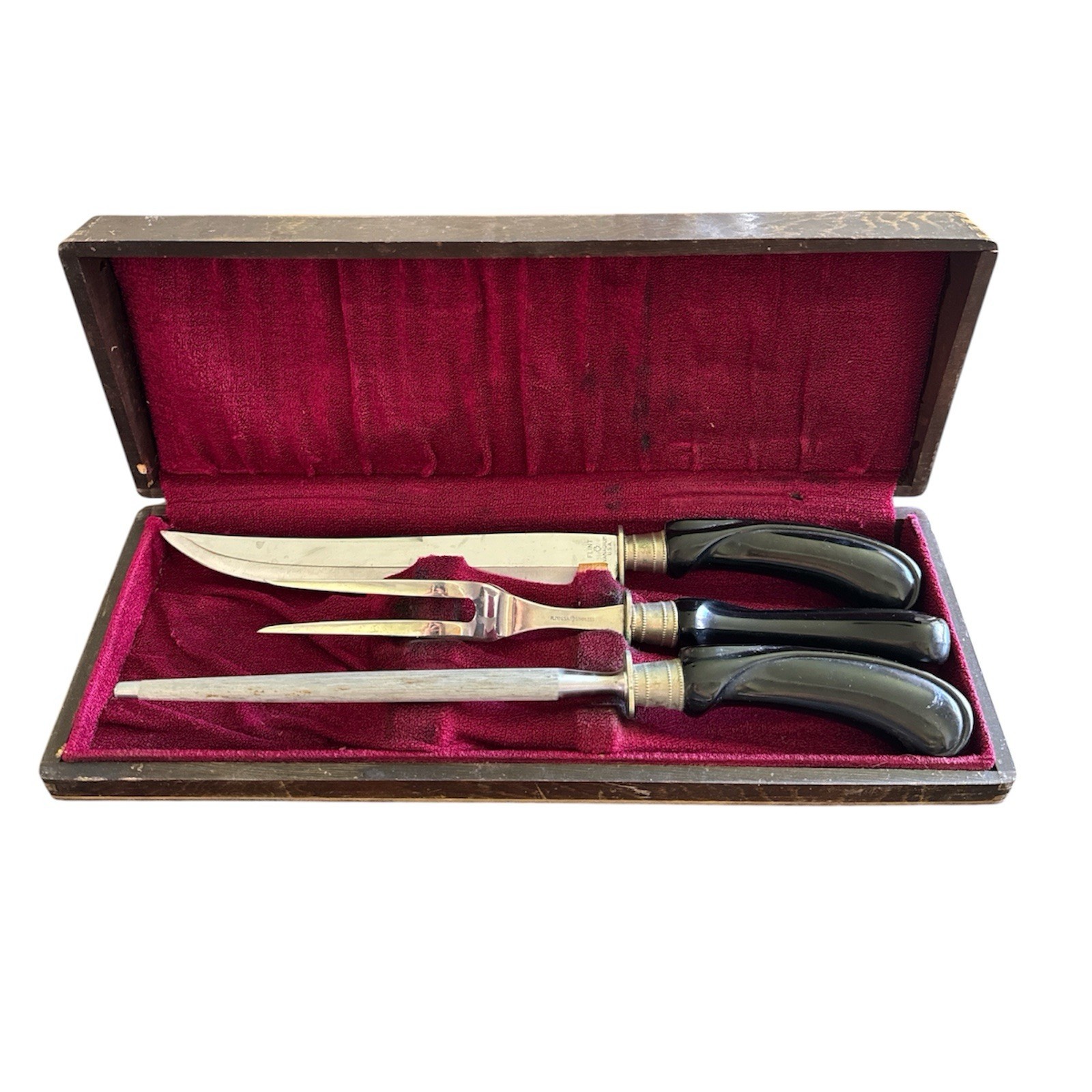 Vintage Flint Vanadium Carving Set Fork Knife Sharpener W Box USA Made