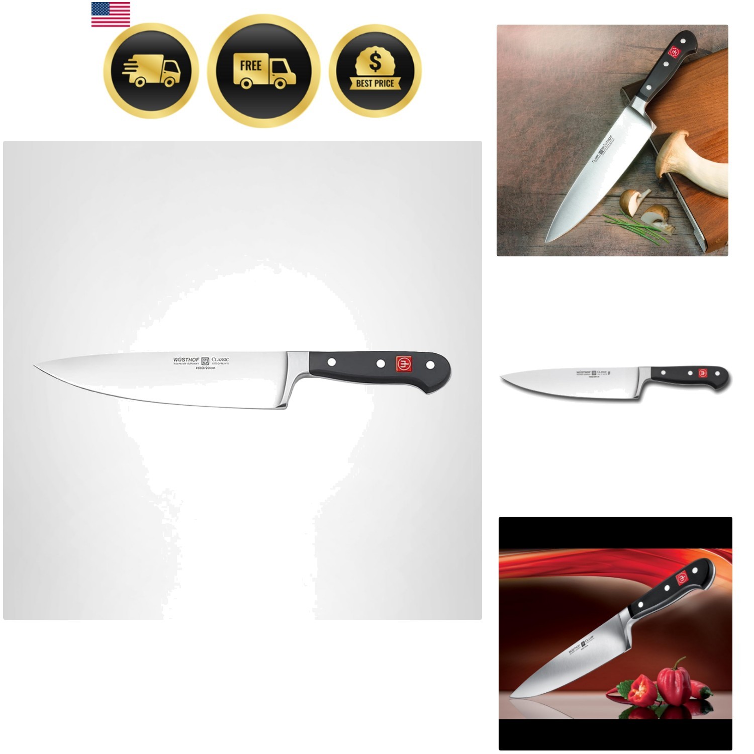Chef Knife 8 Inch Stainless Steel Kitchen Utility Cutlery Black Handle