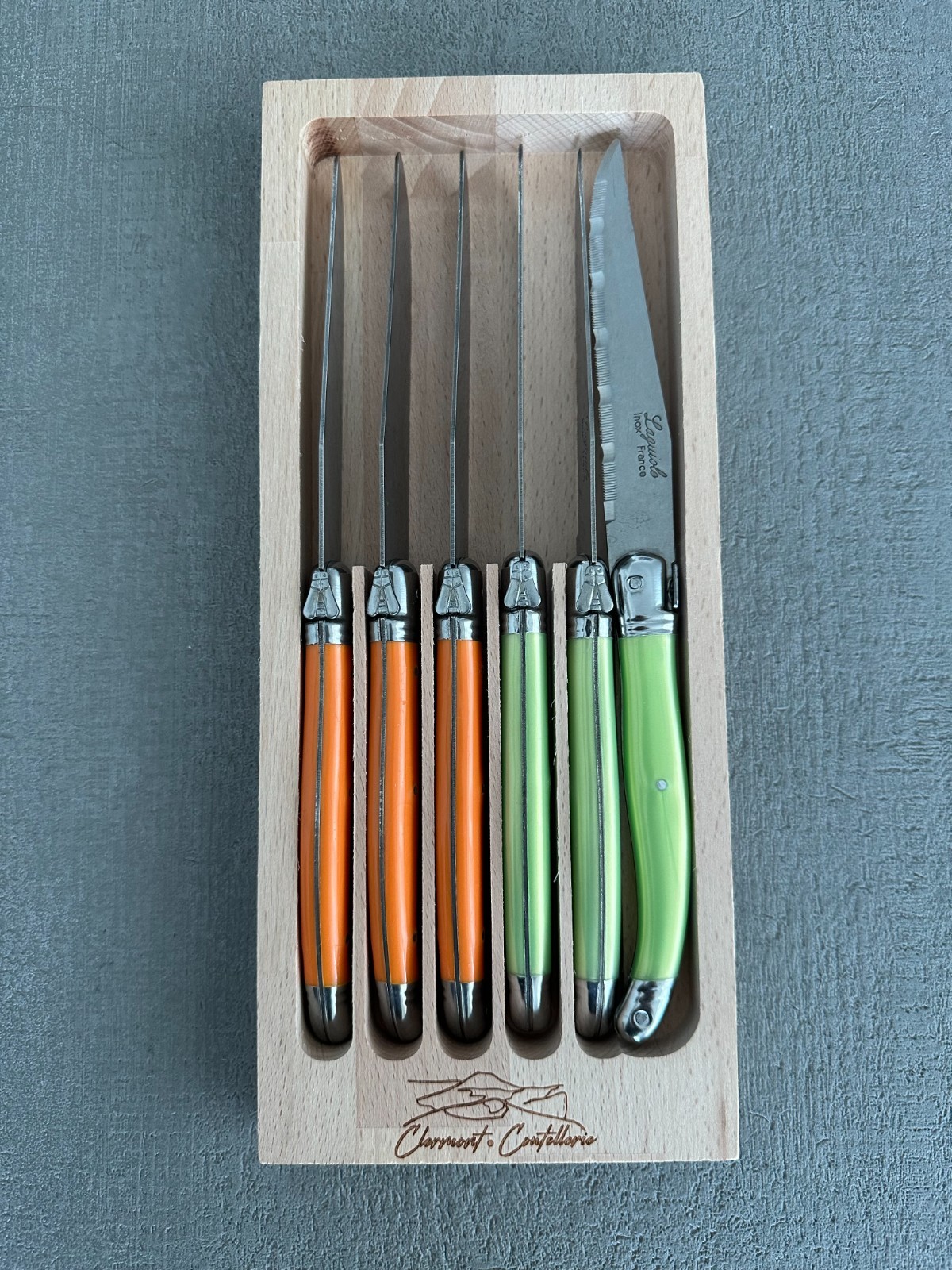 Clermont Coutellerie Laguiole 6-Piece Steak Knife Set, Green & Orange Handle