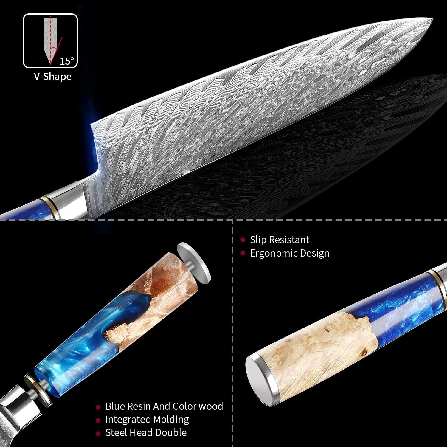 Blue artificial resin+wood handle Damascus steel Japanese style knife belt gift