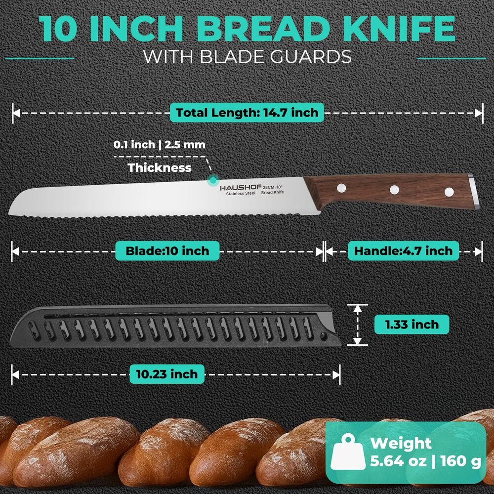 HAUSHOF 10inch Bread Knife Serrated Bread Knife Stainless Steel Bread Cutter NEW