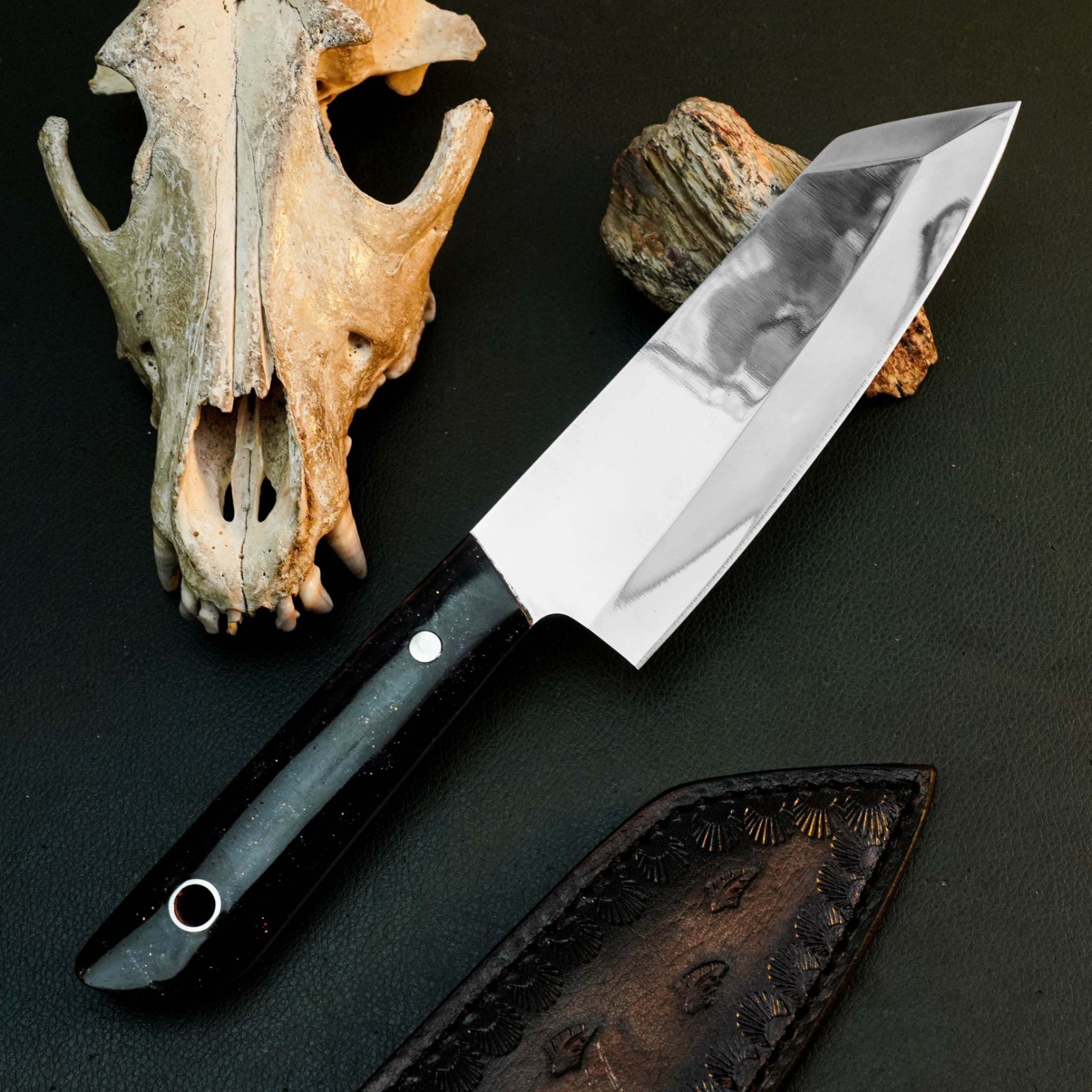 10.5″ D2 Kitchen Knife Full Tang Camping Resin Handle Chef Leather Sheath