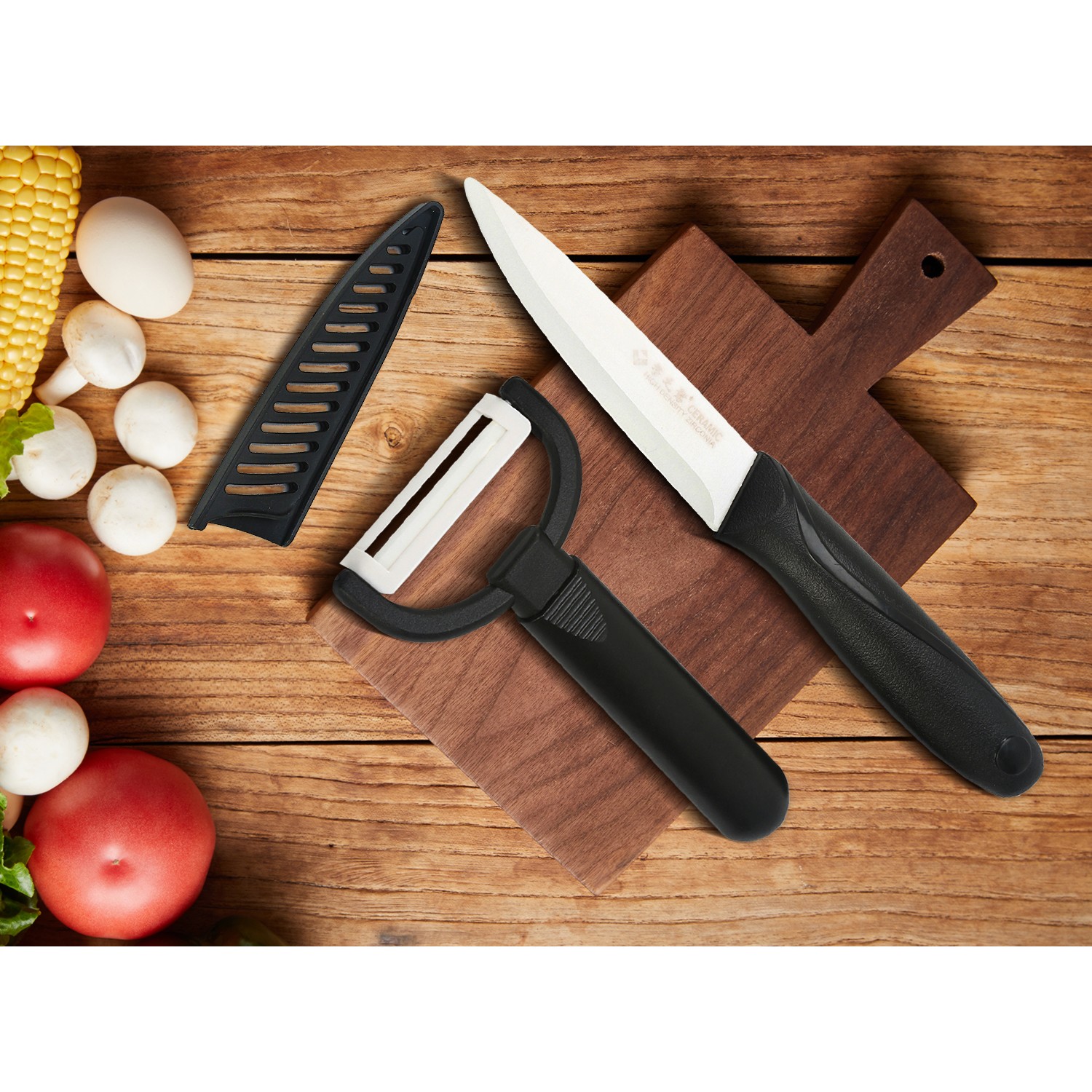 2pcs Sharp Ceramic Kitchen Knife Set 4″ White Blade with Cover + Peeler Cutlery