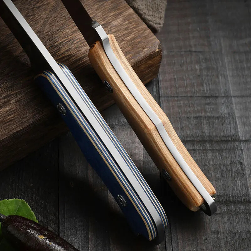 portable steel knife with sheath and wood handle for grilling and fruit cutting