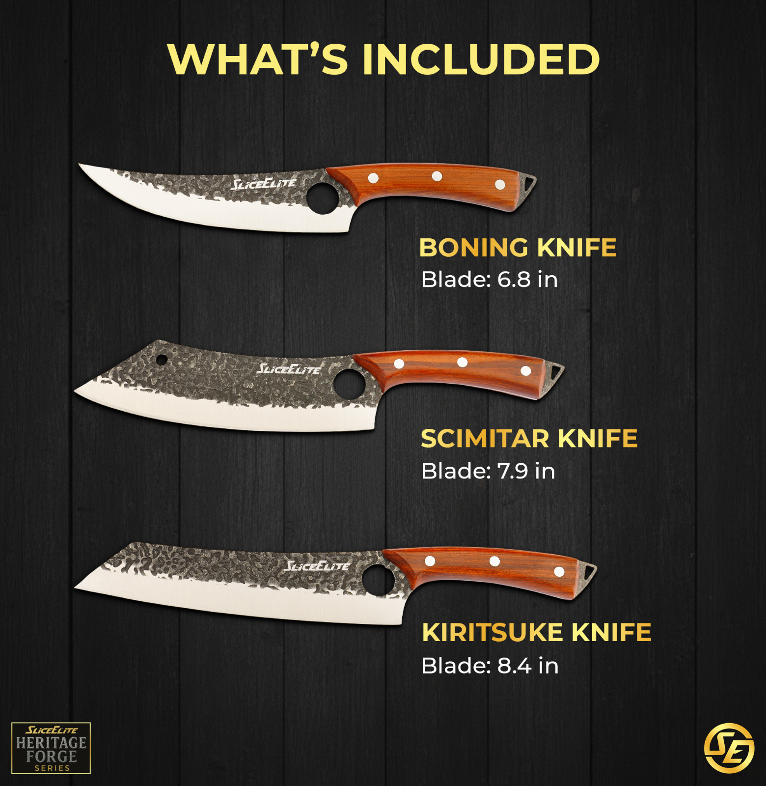 SliceElite 3pc Forged Knife Set Boning Scimitar Kiritsuke BBQ Kitchen