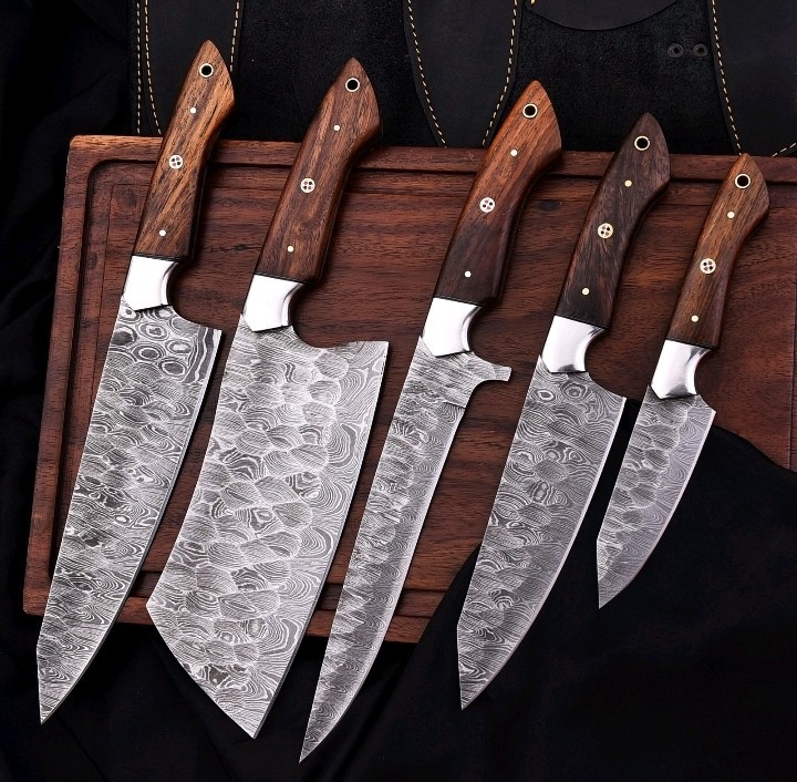 5 Pcs Damascus Steel Chef Knife Set Rosewood Handle Kitchen Knives w Sheath
