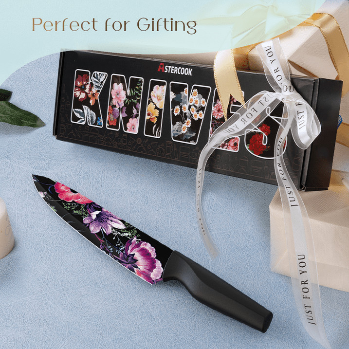 Astercook Knife Set 6 Piece Flower Kitchen Stainless Steel 6 Blade Guards Black
