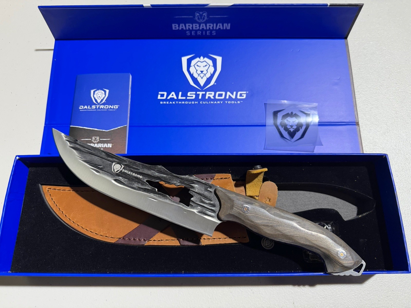 Dalstrong Barbarian Series 8 Chef Knife Swedish 14C28N Steel Leather Sheath Box