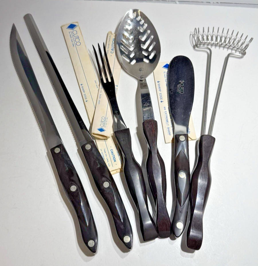 Cutco Set 6 Knives Knife 1723 1724 1726 1768 Brown Handle Slotted Spoon Whisk