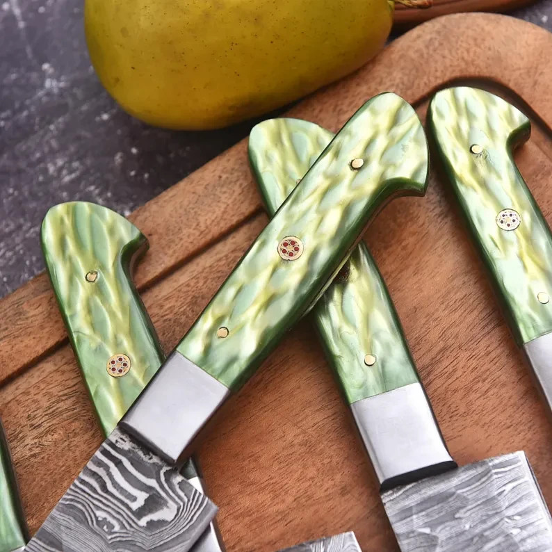Handmade Damascus Chef Knife Set | 5-Piece Kitchen Knives with Leather Roll