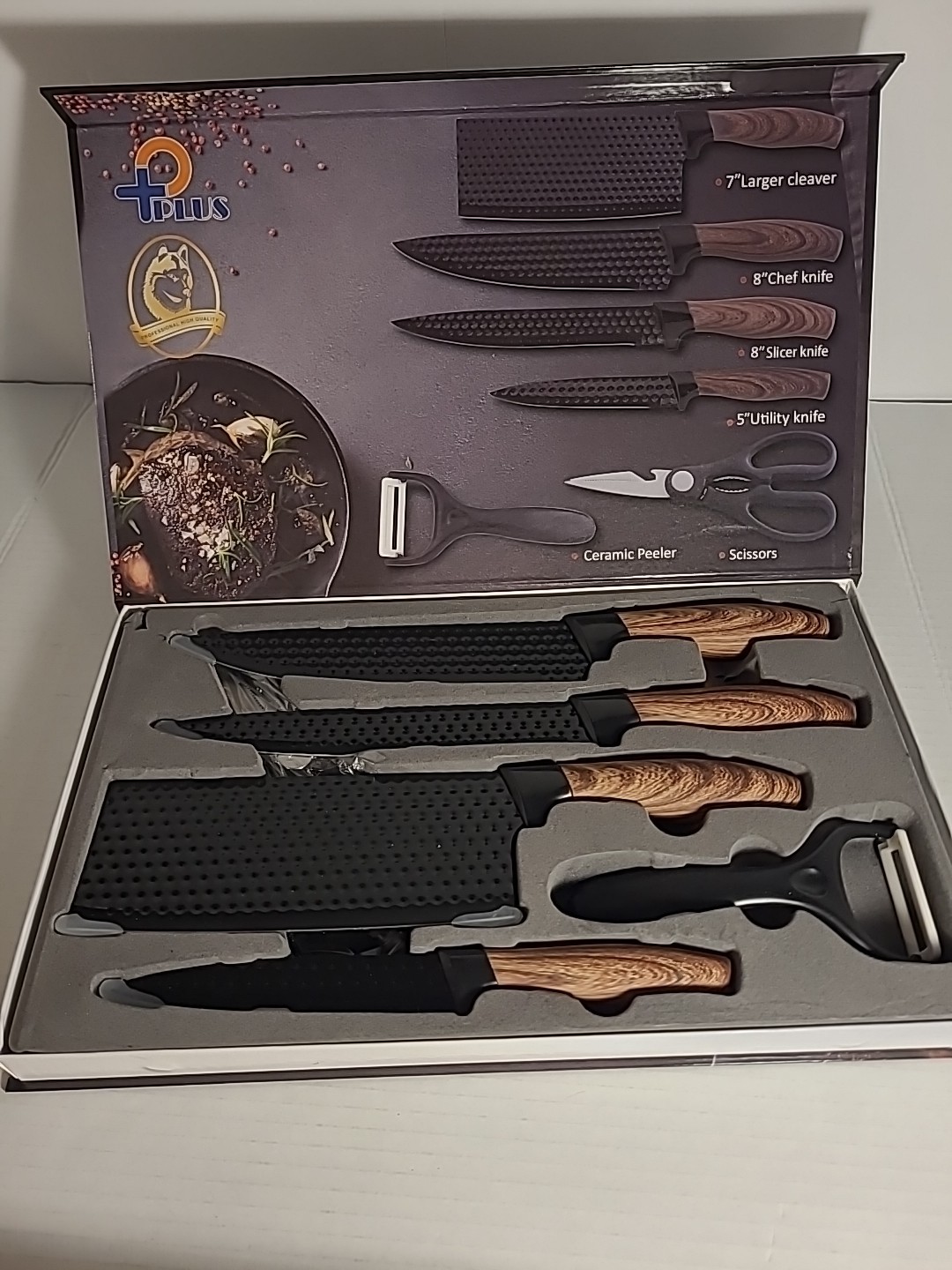 6PCS Kitchen Knife Set Profesional Steel Chef Knives Meat Cleaver Gift Box