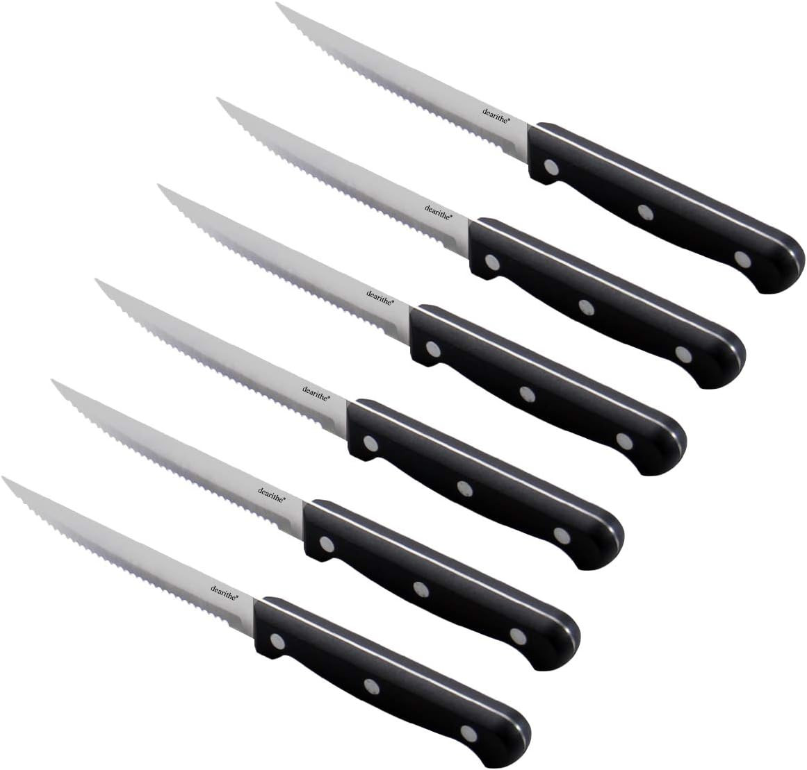Steak Knives Set of 6, Black Full-Tang Triple Rivet Serrated Stainless Steel Sha