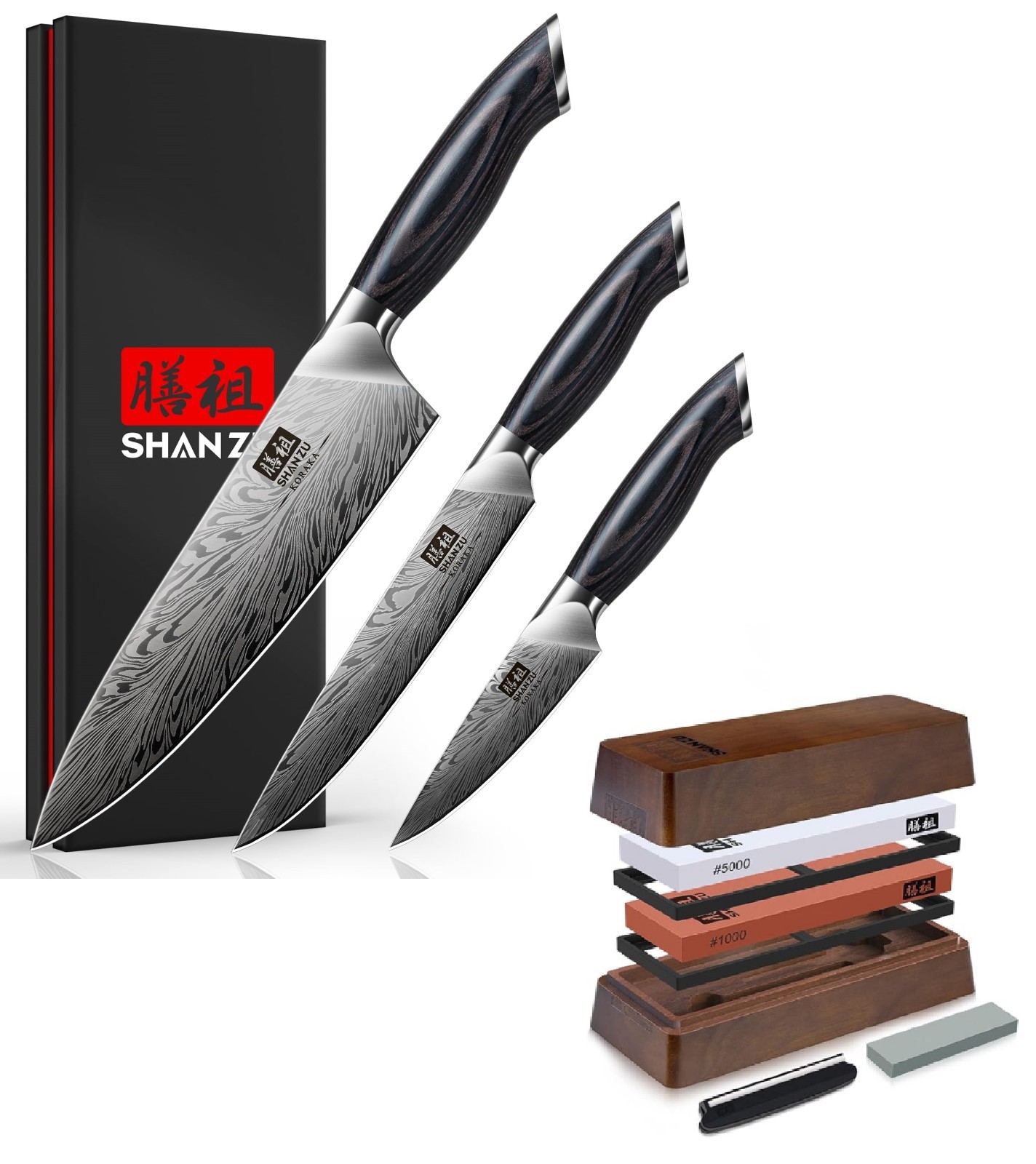 SHAN ZU 3PCS Chef Knife Set Powder Steel Knife with 1000/5000 Knife Sharpener
