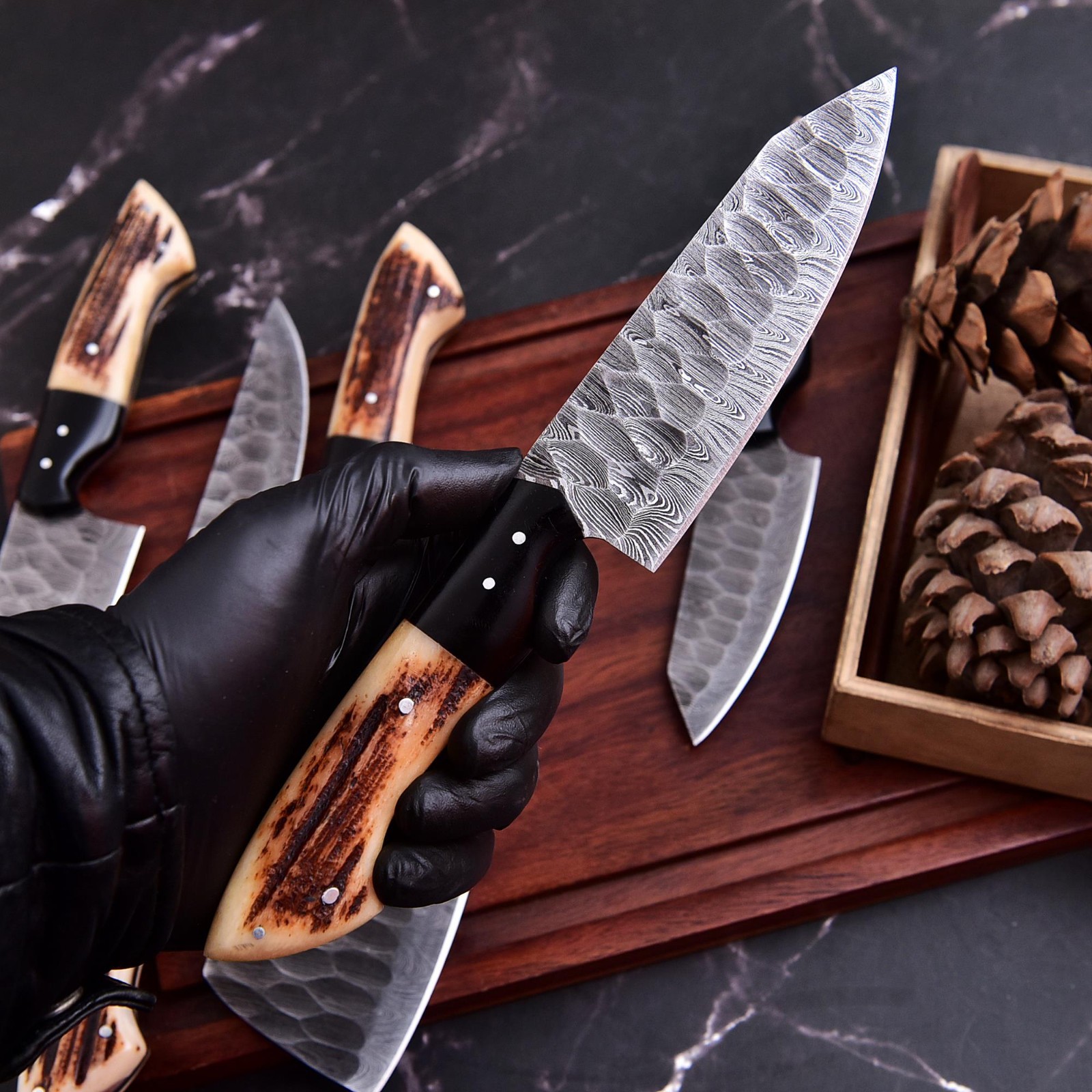 Master Chef Hand Forged Damascus Steel Chef Knifes Set Bull Horn Stag Handle