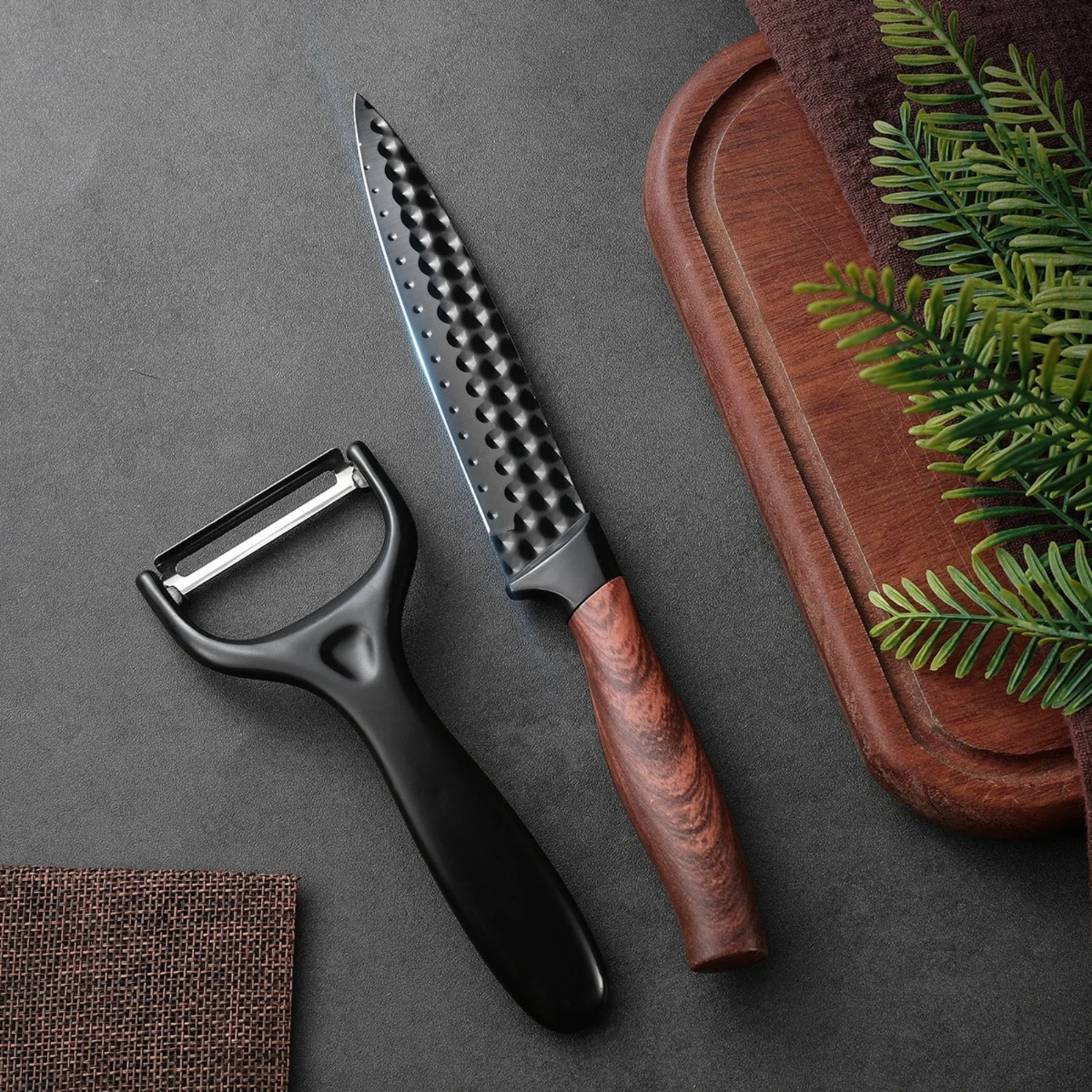 2Pcs Stainless Steel Fruit Paring Knife & Peeler Set Wood Grain Non-Stick Sharp